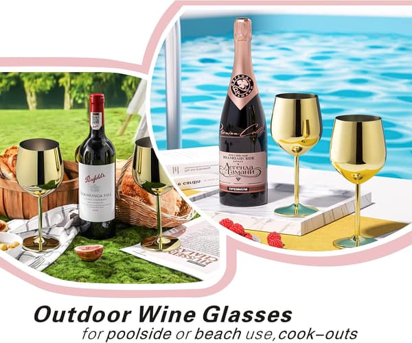 Sett med 4 gullvinglass, 540ml/18oz Uknuselige gullvinglass, vinglass i rustfritt stål, utsøkt og unikt