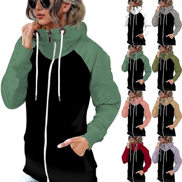 Färgblockerande huvtröja för dam med turtleneck sweatshirtjacka med dragkedja Army green 3XL