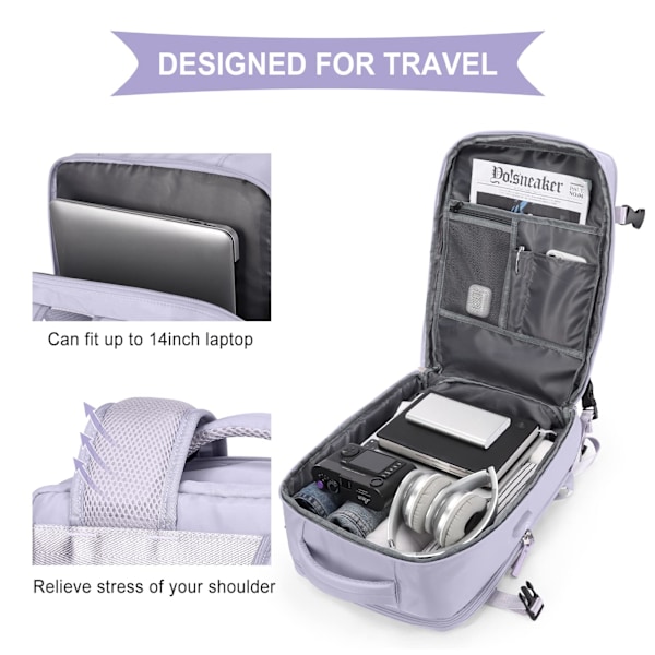 Kabinväskor 45x30x16 Underseat Rucksack för flygplan Handbagageväska underseat Carry On Backpack Laptopväska Dam Resväska med skofack,A purple