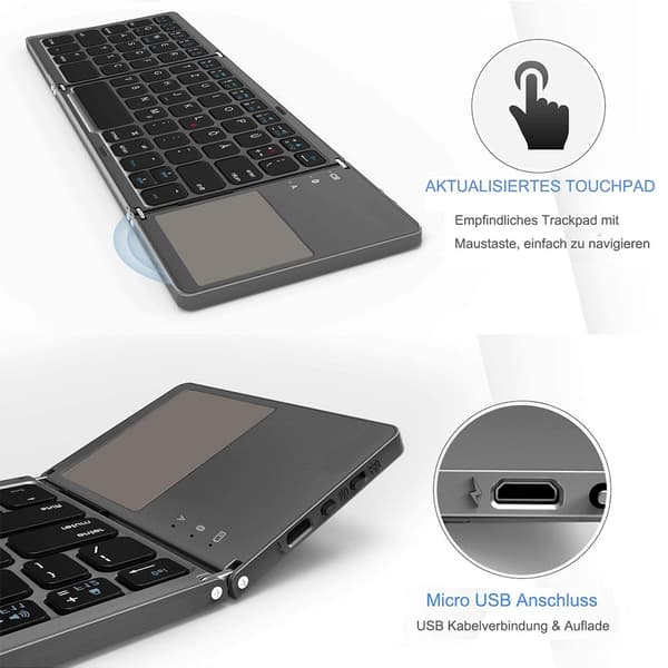 Tri-Fold Bluetooth-tastatur, Bluetooth bærbar mini-tastatur med touchpad mus - sort