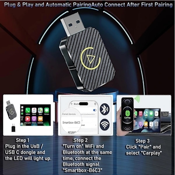 2025 Trådlös CarPlay-adapter – Uppgraderad, Trådlös CarPlay-dongel, Konverterar Trådbunden CarPlay till Trådlös, Plug and Play Trådlös CarPlay-adapter