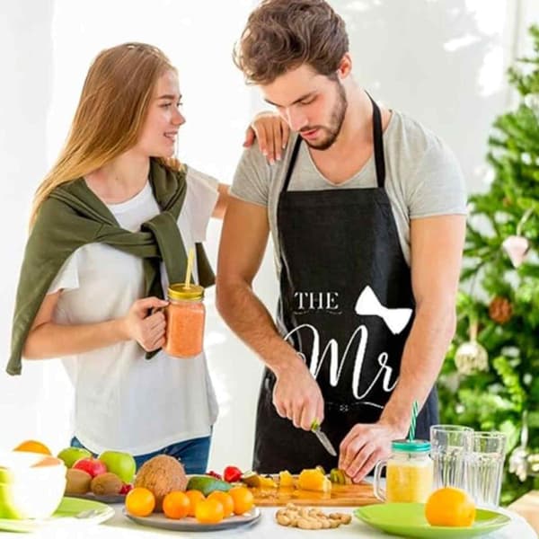 Mr. & Mrs. Forklædesæt til par (2 stk.) Justerbart køkkenforklæde Madlavningsforklæde Bryllupsdag Forlovelse Polterabend Gave til par og