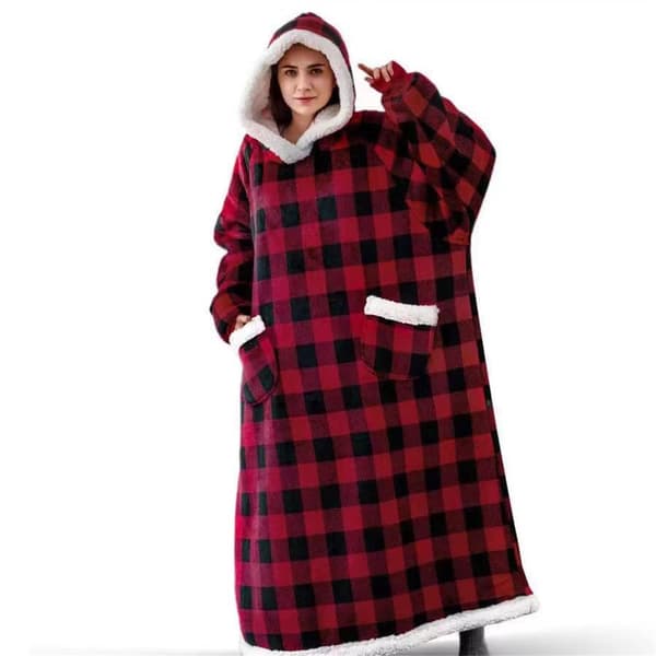 Oversized Hoodie Teppe Sweatshirt Ultra Plush Varm Genser red grid