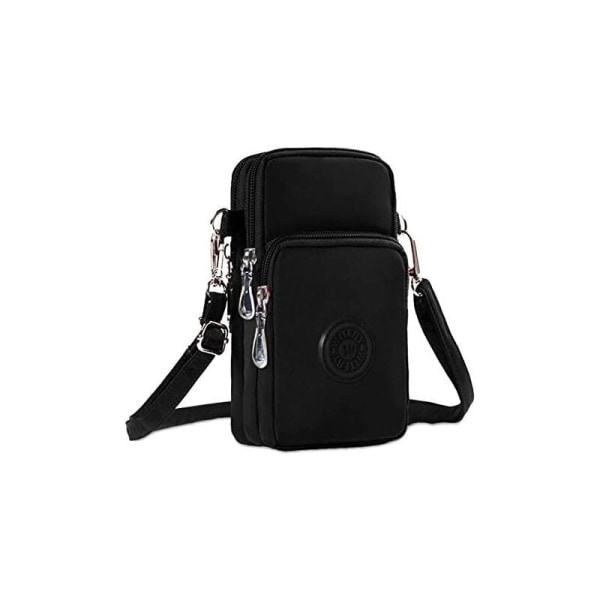 Multifunctional 3 Layers Waterproof Nylon Wrist Bag Zipper Phone Pouch Purse Armband Case Crossbody Shoulder Bag (Black)
