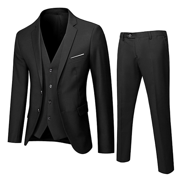 Herre 3-delt Slim Fit Jakkesæt, Ensfarvet Jakke Vest Bukser Sort Black M