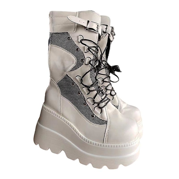 Platformstövlar damer Spänne rem Punk Goth Boot Dam Gothic Snörskor Sz White White EU 41
