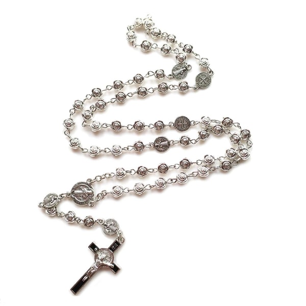 Rosary Catholic Necklace Lady Girl Silver Rose Metal Prayer Rosary Chain CMK