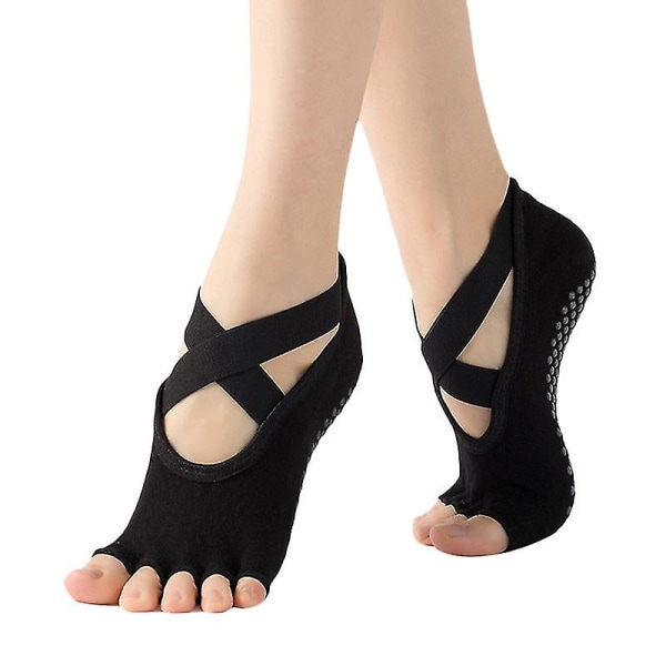Women's Non-Slip Yoga Socks, Non-Slip Grip Open Toe Socks Black