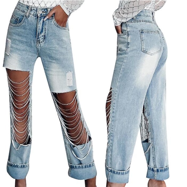 Women High Waist Trendy Ripped Jeans Pants CMK light blue M