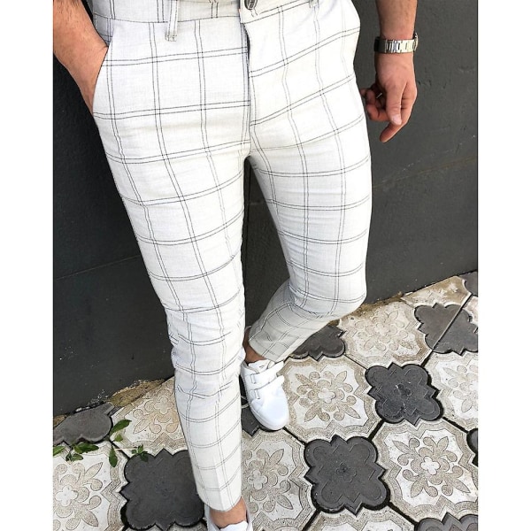 Men's Plaid Slim Pencil Trousers White L