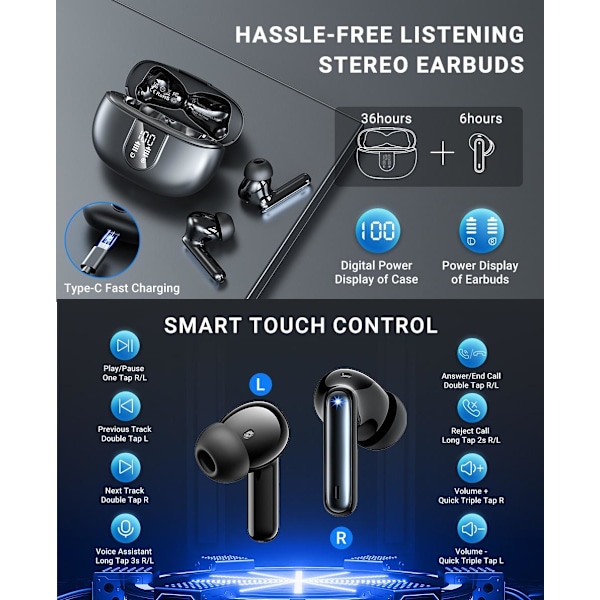 X500 Trådlösa Bluetooth Hörlurar - 30 timmar C4U® ANC ENC BT 5.3 Black Svart