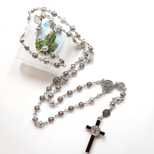 Rosary Catholic Necklace Lady Girl Silver Rose Metal Prayer Rosary Chain CMK