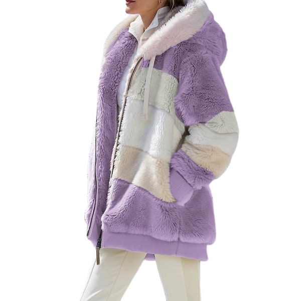 Kvinder Colourblock Langærmet Teddy Bear Fleecejakke med hætte, varm vinterfrakke CMK Purple XL