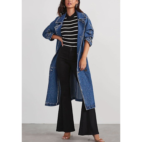 Naisten vintage-tyylinen pitkä farkkutakki, väljä malli, kaksirivinen denim-takki, vyöllinen trenssi, Denim Blue Denim Blue Small