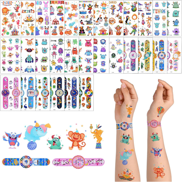 Tillfälliga Tatueringsdekaler för Barn, 30 Ark, 390 Vattentäta Mönster (Klocka, Lilla Monster, Cirkus) Watch + Little Monster + Circus