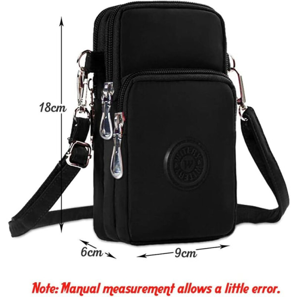 Multifunksjonell 3-lags vanntett nylon håndleddsveske Glidelås Telefonveske Armbåndveske Crossbody skulderveske (svart)