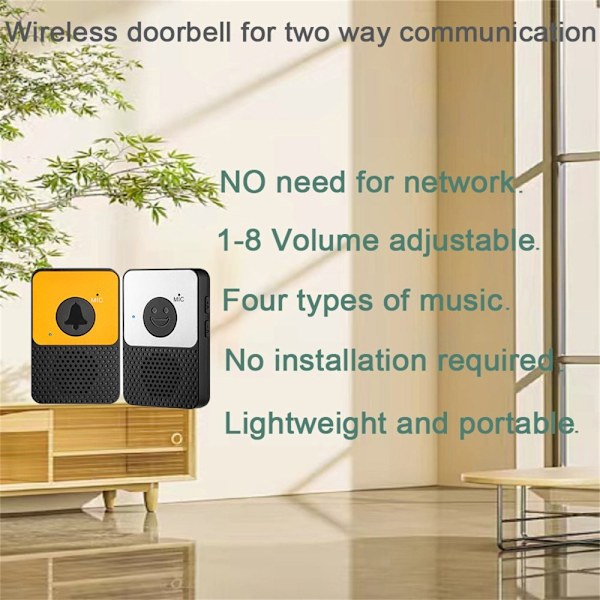 D30 Trådløs Voice Intercom Dørklokke Volumen Justerbar Tovejs Tale Yellow Gul