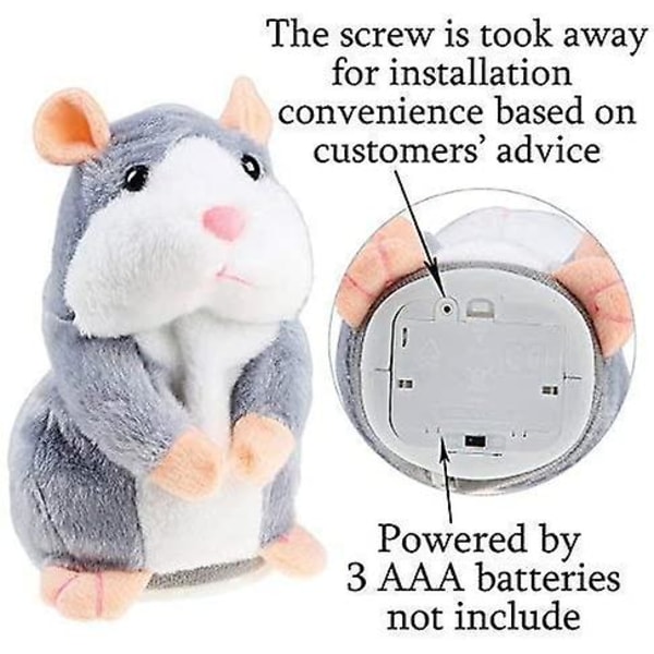 Talking Hamster Plysj Leke Gjenta Funny Kids Stuffed Interactive Gray