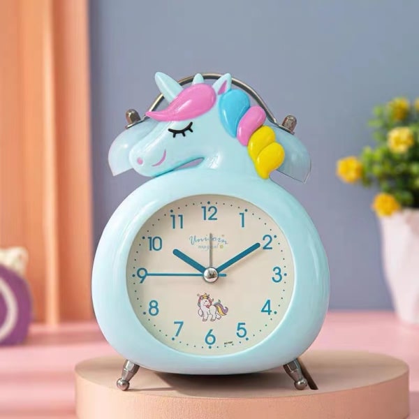 Barnevekkerklokke med nattlys, Unicorn Double Bells Clock Blue