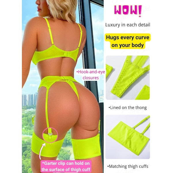 Blomstret Broderet, Bøjle, T-streng, Strømpebånd, 4-delt Lingeri Gul Yellow XL