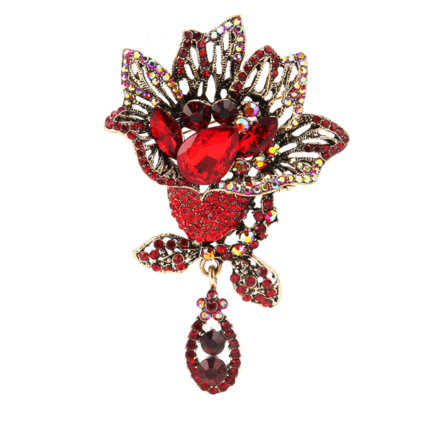 Flower Brooch Pin Women Retro Elegant Exquisite Alloy Red Rhinestone Brooch for Wedding Banquet Party