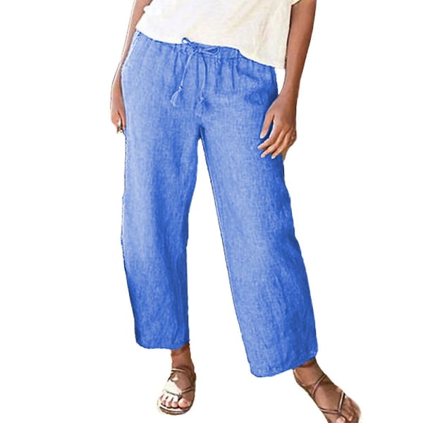 Ladies Plain Elastic Waist Drawstring Loose Pants Blue 2XL