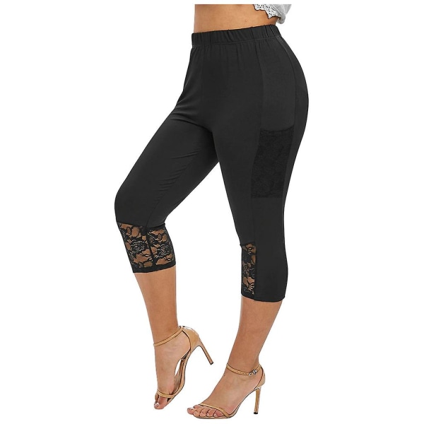 Yoga Shorts Women Plus Size Solid Lace Patchwork Elastic Waist Casual Leggings Pants CMK Black XXL