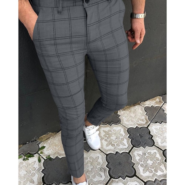 Men's Plaid Slim Pencil Trousers Gray XL