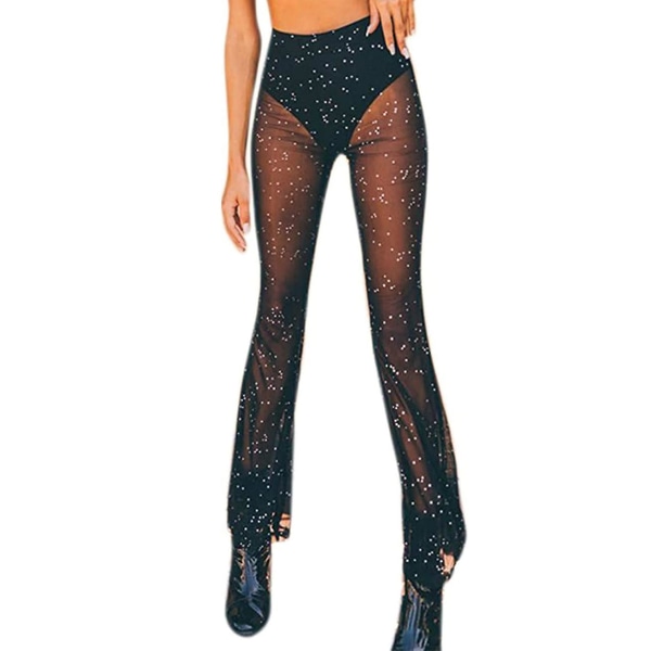 Women's Sheer Mesh Sparkly Pants Bell Bottom Rave Outfit Clothes For Dance Clubwear CMK M