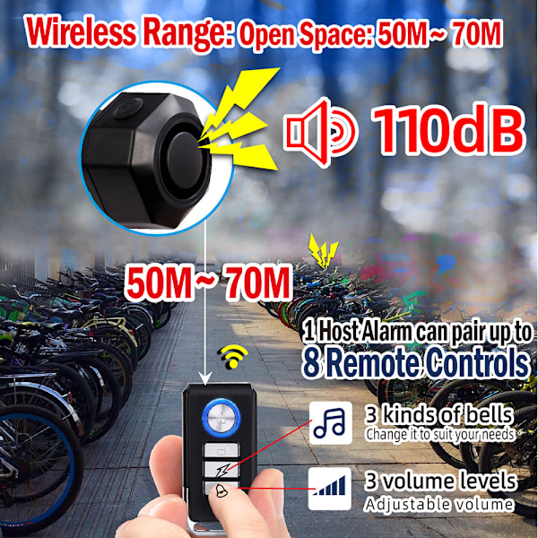 Genopladelig cykelalarm med fjernbetjening 110dB Svart Sort
