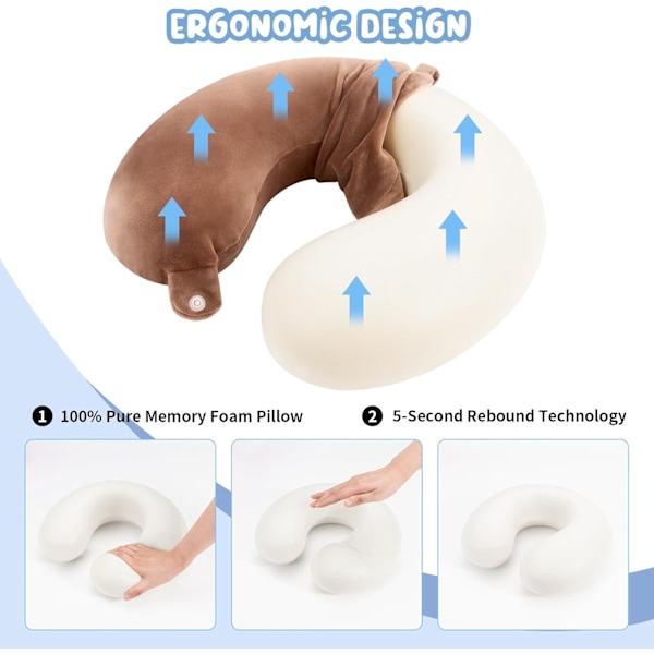 Rejsepude Nakkepude Memory Foam Rejsepuder Hovedstøttepude til fly Tog Bil Kontorrejser Essentielle flypuder til en lang tid Brow Brown One Size