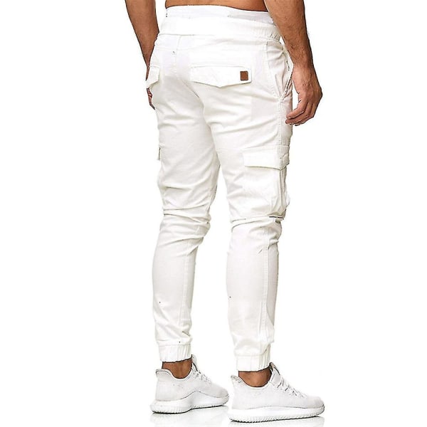 Herre Snøring Cargo Bukser Multilommer Sports Combat Slim Fit Uformelt arbeid Bukser med mansjett CMK White 2XL