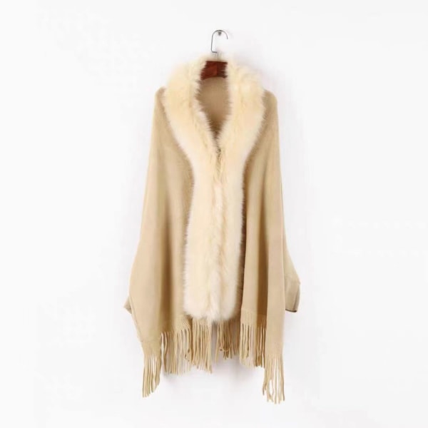 Dame plus size kvaststrikket pelskrave sjalponcho beige