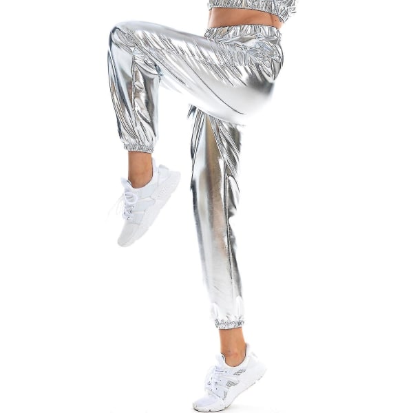 Women's Fashion Holographic Streetwear Club Cool Shiny Causal Pants CMK Silver L