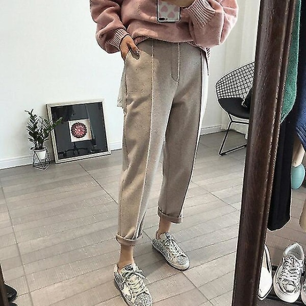 Winter Pencil Pants Women Thicken Warm Solid Casual Loose High Waist Trousers Female Wool Ankle-length Straight Work Suit Pants Xinda CMK Khaki M