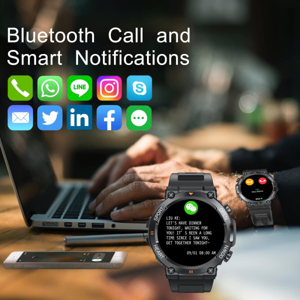 Smart Watch 1,39 tum helskärms taktisk watch Robust för Android-telefon iPhone-kompatibel Fitness Tracker Puls Sömnmätare Stegräknare