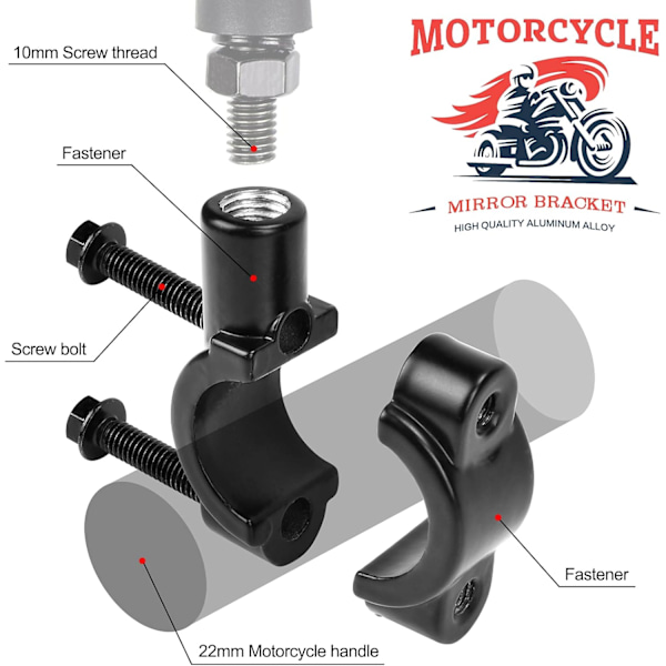 2 stk motorsykkelspeilholder for 22 mm styrefeste - for 10 mm sidespeil, aluminium (svart)