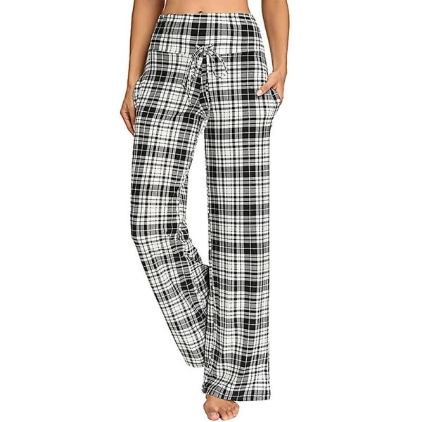 Naisten leveälahkeiset housut Palazzo Pant kiristysnyörillä korkea vyötärö Loungehousut Beach CMK Black White Plaid XL