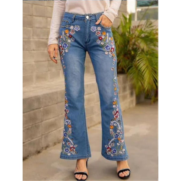 Blomsterbroderte høye jeans for kvinner CMK light blue XL