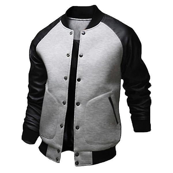 Mænd Baseball Varsity Letterman Coat Pu Læder Bomber Jacket Sztlv CMK Gray L