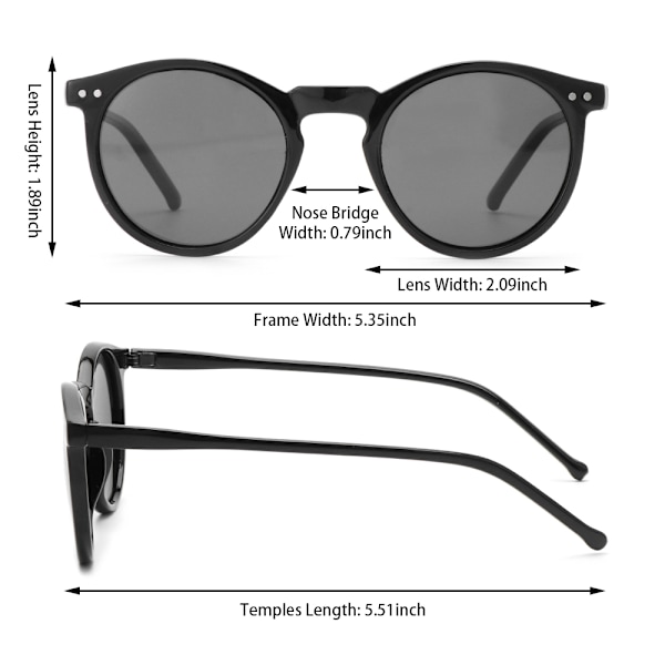 Unisex runde polariserede solbriller briller solbriller UV400 rund ramme retro Sort-Sølv Black-Silver