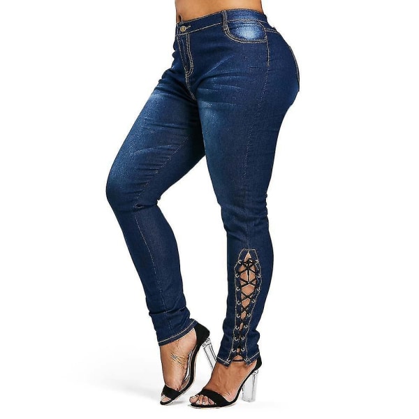 Lace Up Skinny High Waist Fit Stretched  Blue Women Pants Elegant Strap Stonewash Fashion Jeans CMK XXL XXL