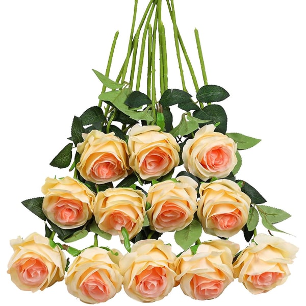 12 stk Kunstige roser, Deco falske silkeblomster med enkelt stilk yellow