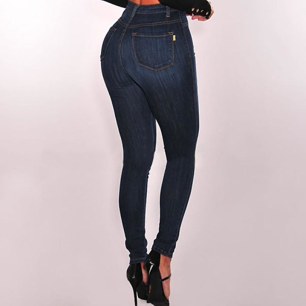 Høy midje jeans med smal knapp for kvinner Dark Blue S