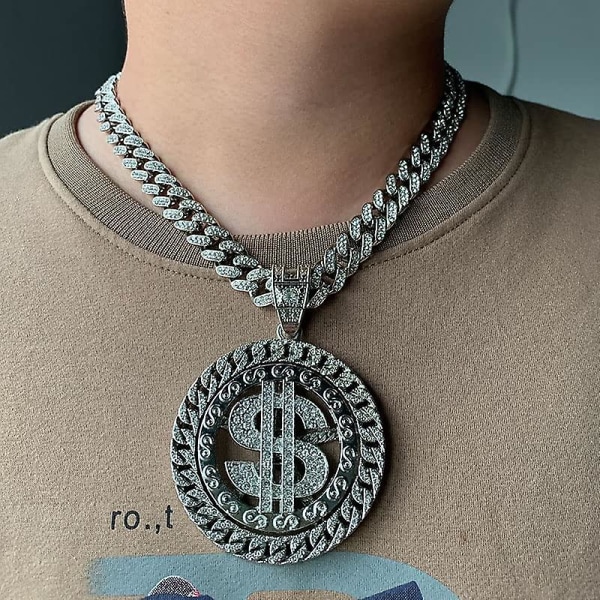 Hip Hop Aaa+ Rhinestone Roterbar Dollar Iced Out 13mm Miami Cuban Link Chain Pendant halskæder til mænds kvinder smykker sølv 30 tommer CMK