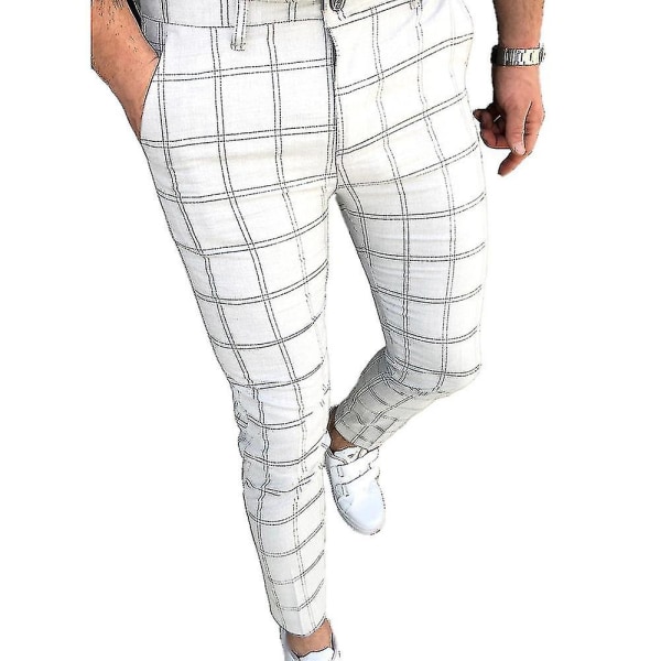 Men Check Plaid Chino Work Pants Casual Business Formal Skinny Slim Fit Smart Trousers CMK White 3XL