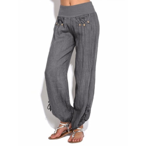 Women Casual High Waist Solid Color Button Yoga Harem Pants CMK Grey L