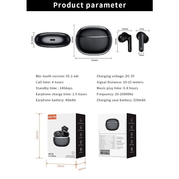 Trådløse Bluetooth-hodetelefoner A50 Pro ANC IPX7 5.1