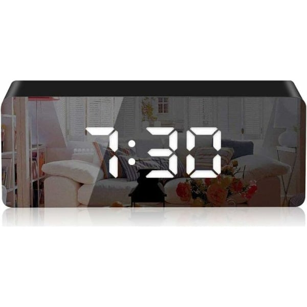 Digital väckarklocka, LED-spegel digital klocka, sängbordsklocka, morgonväckarklocka, nattlampa, justerbar ljusstyrka, för hemmakontor