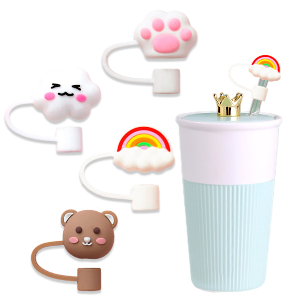 4 st sugrörsskydd, söta sugrörsskydd i silikon, återanvändbara dammsäkra sugrörsskydd, sugrörsskydd (Moe Paw + Bear + Rainbow +